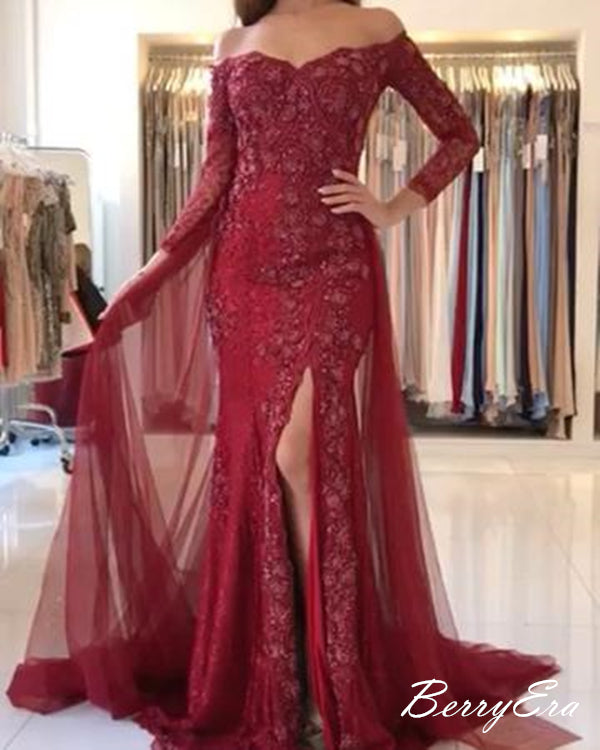 Long Sleeves Slit Prom Dresses, Sequin Lace Prom Dresses, Elegant Prom Dresses