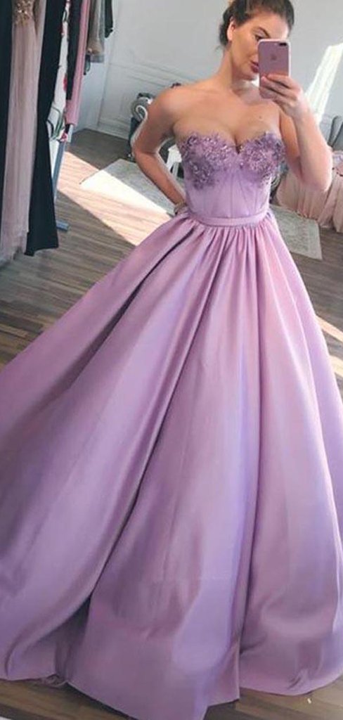 Sweetheart Lilac Satin Beaded Ball Gown, Prom Dresses