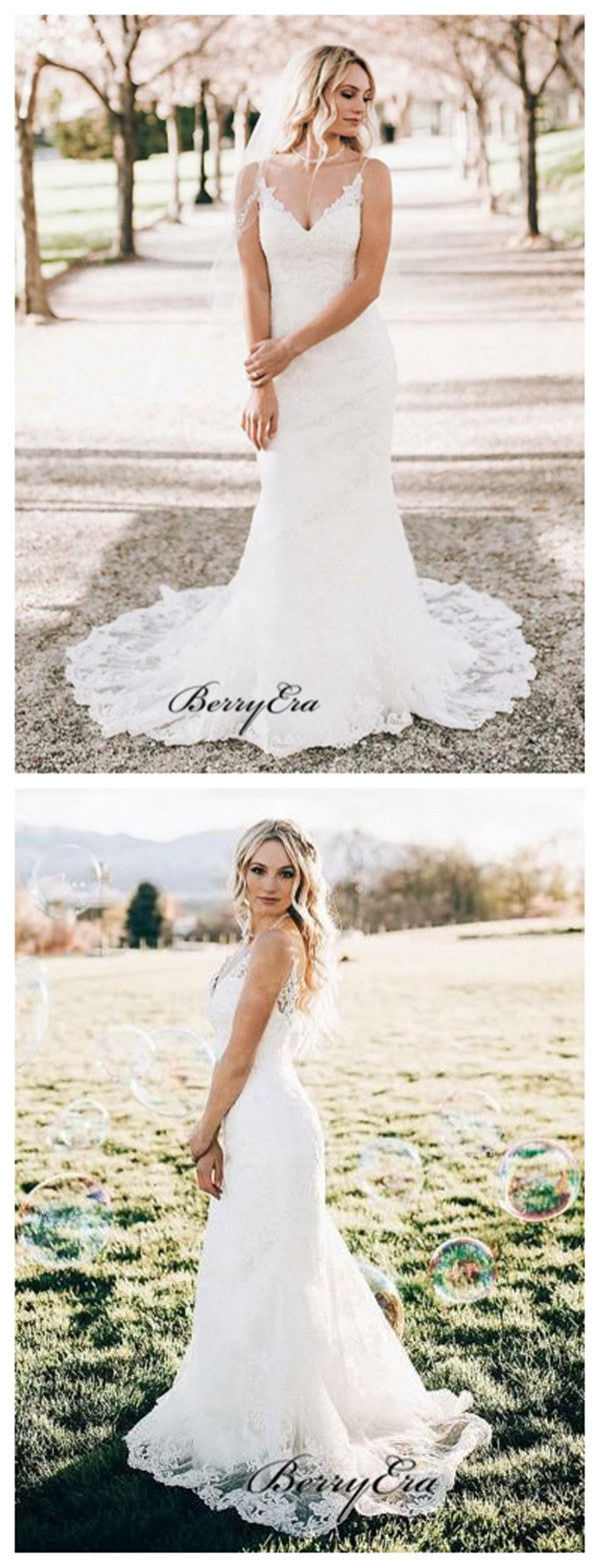 Spaghetti Straps V-neck Wedding Dresses, Lace Wedding Dresses