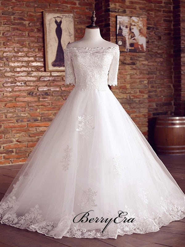Mid Sleeves A-line Bridal Gowns, Lace Wedding Dresses, New Trend Wedding Dresses 2019
