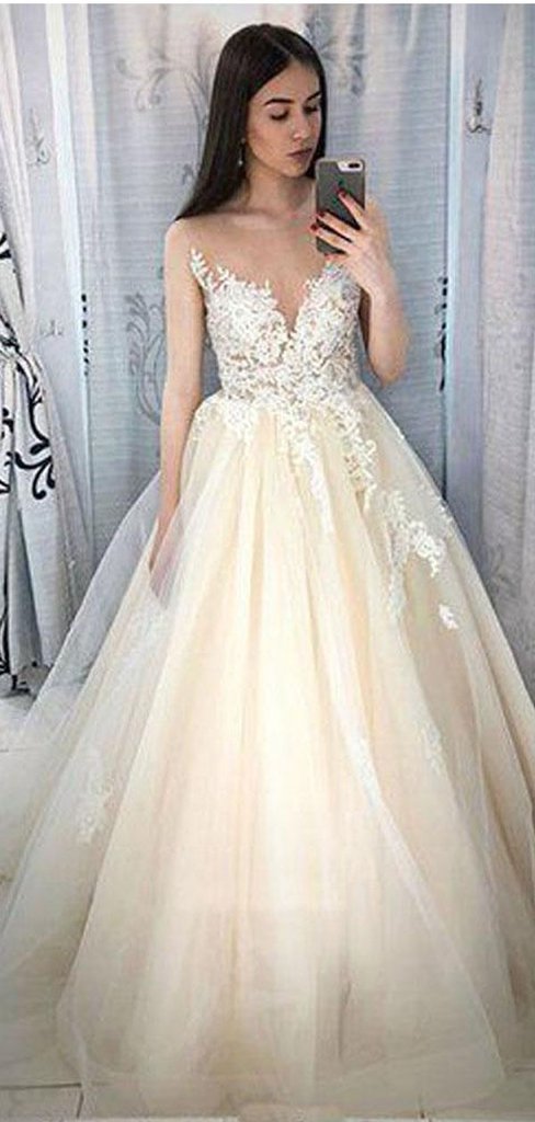 Ivory Lace Long A-line Tulle Prom Evening Dresses