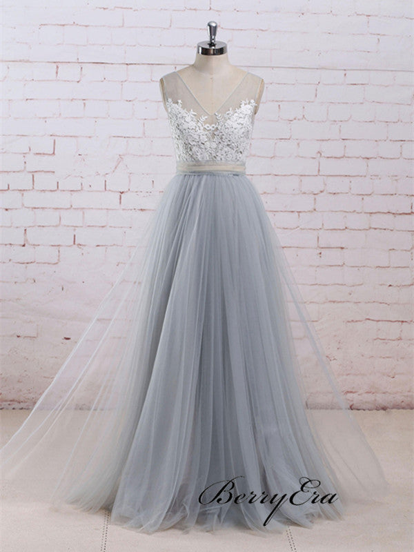 Elegant Lace A-line Tulle Prom Dresses, Popular Prom Dresses, Evening Party Prom Dresses