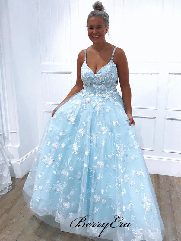 Light Blue A-line Lace Prom Dresses, Appliques Elegant Long Prom Dresses