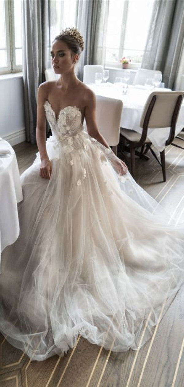 Strapless Tulle A-line Long Wedding Dresses, Sweetheart Appliques Wedding Dresses