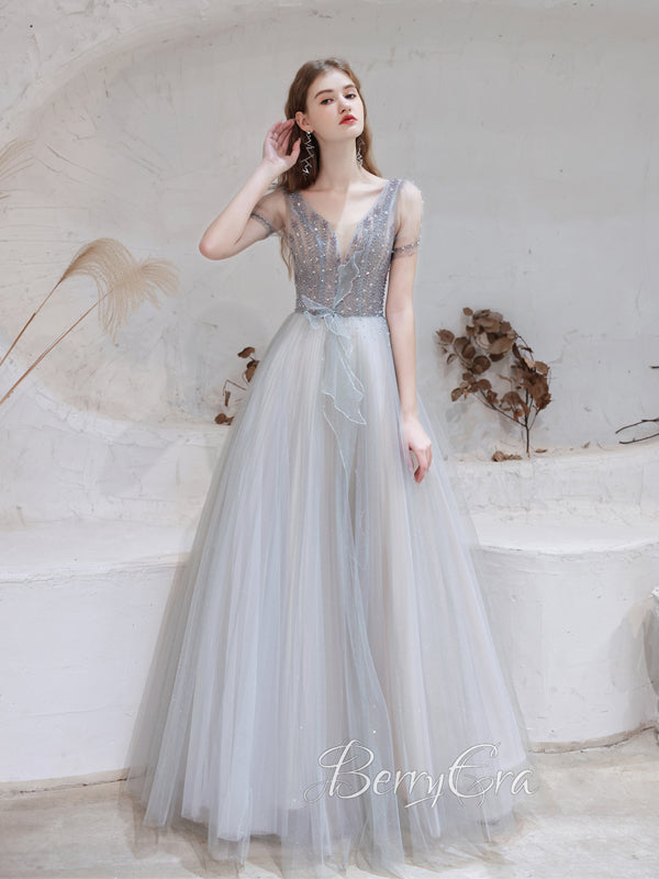V-neck Light Grey Beaded Sequin Tulle Prom Dresses, A-line Prom Dresses, 2023 Prom Dresses, Newest Graduation Party Dresses