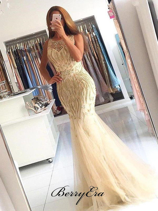 Shiny Beaded Luxury Long Prom Dresses, Mermaid Modest Prom Dresses