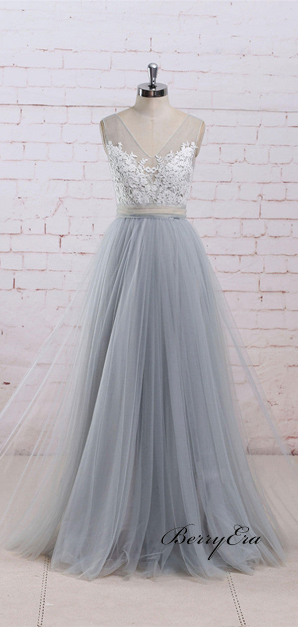 Elegant Lace A-line Tulle Prom Dresses, Popular Prom Dresses, Evening Party Prom Dresses