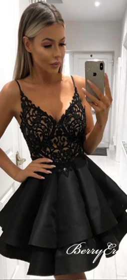 Spaghetti Black Lace Satin Homecoming Dresses, Short Prom Dresses