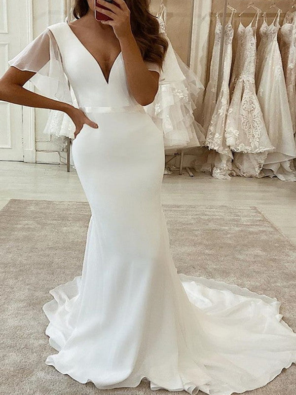 Simple Custom Design V-neck Wedding Dresses, Mermaid 2020 Wedding Dresses
