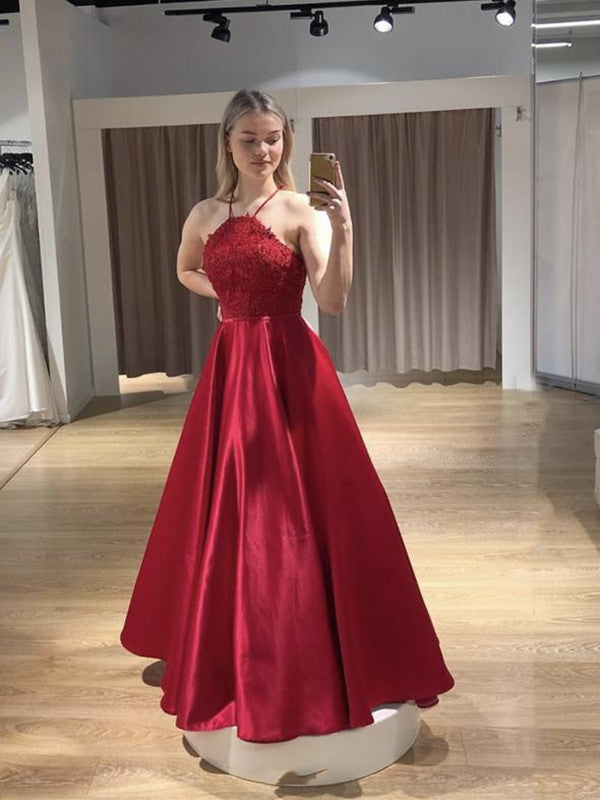 Sleeveless Halter Lace Prom Dresses, A-line Lace 2020 Prom Dresses