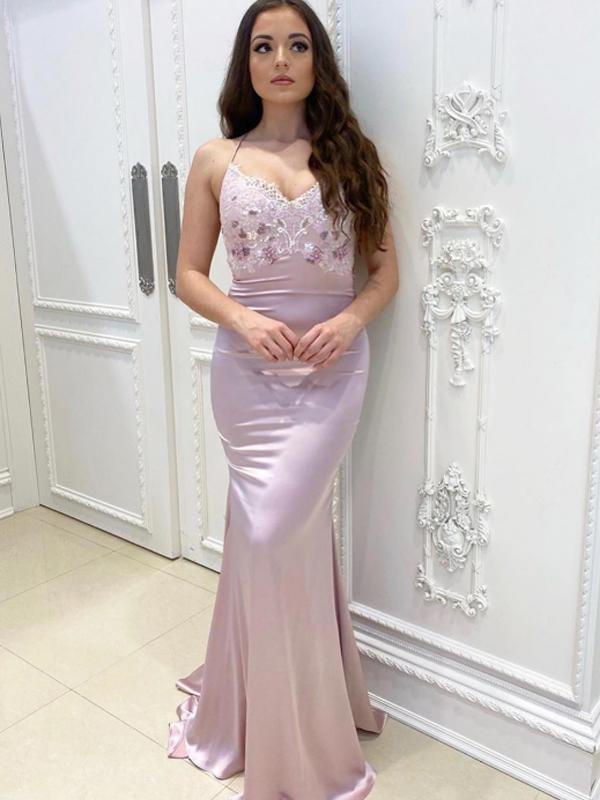Spaghetti Straps Lace Prom Dresses, Mermaid Popular 2020 Prom Dresses