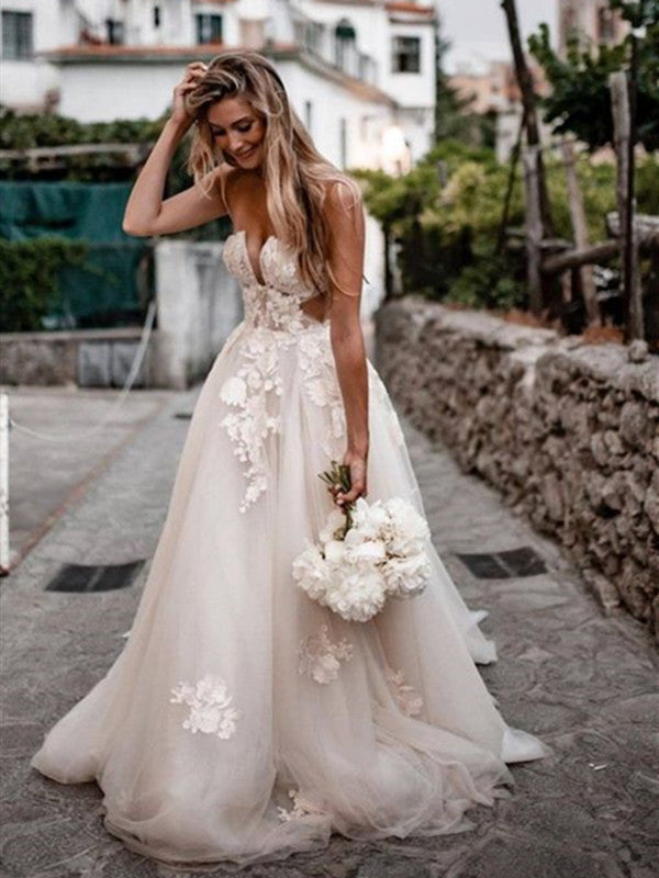 Elegant A-line Lace Wedding Dresses, Strapless Quality Lace Bridal Gowns