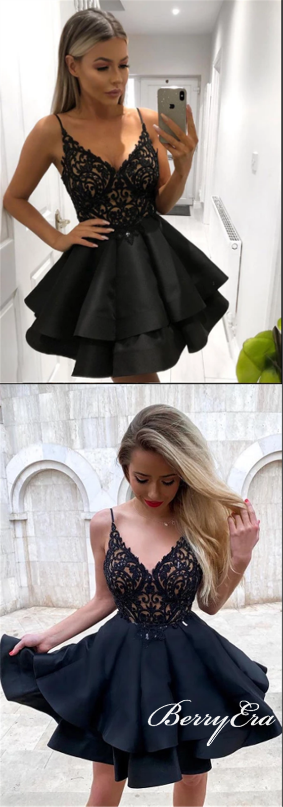 Spaghetti Black Lace Satin Homecoming Dresses, Short Prom Dresses