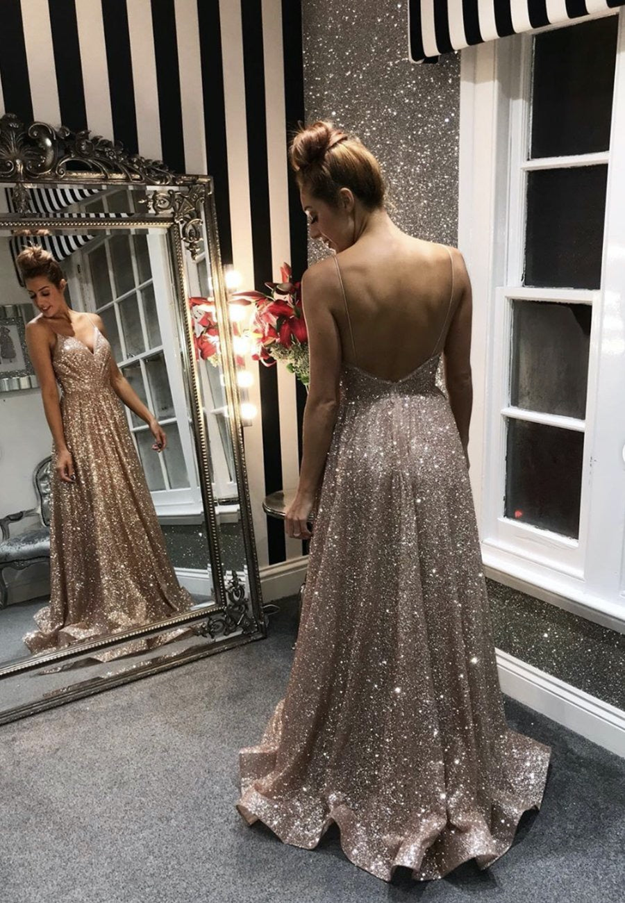 Spaghetti Straps Shiny Long Prom Dresses, Glitter Popular 2020 Prom Dresses