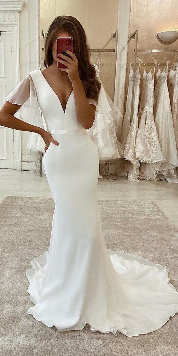 Simple Custom Design V-neck Wedding Dresses, Mermaid 2020 Wedding Dresses