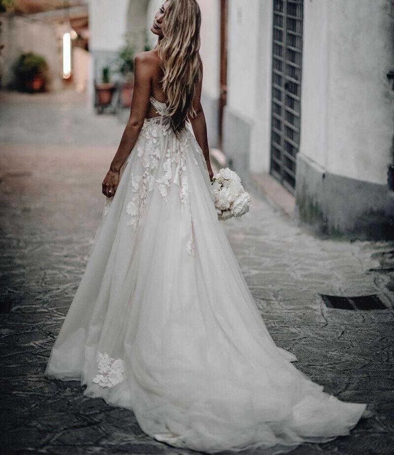 Elegant A-line Lace Wedding Dresses, Strapless Quality Lace Bridal Gowns