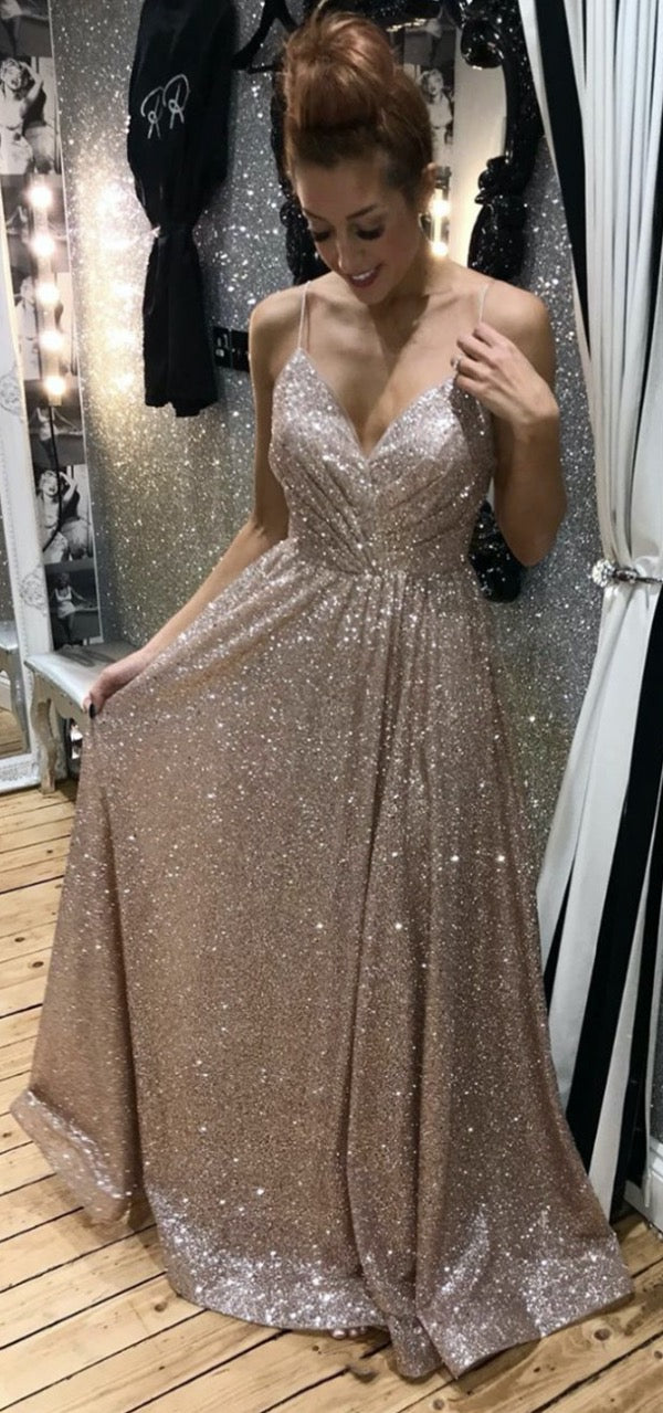 Spaghetti Straps Shiny Long Prom Dresses, Glitter Popular 2020 Prom Dresses