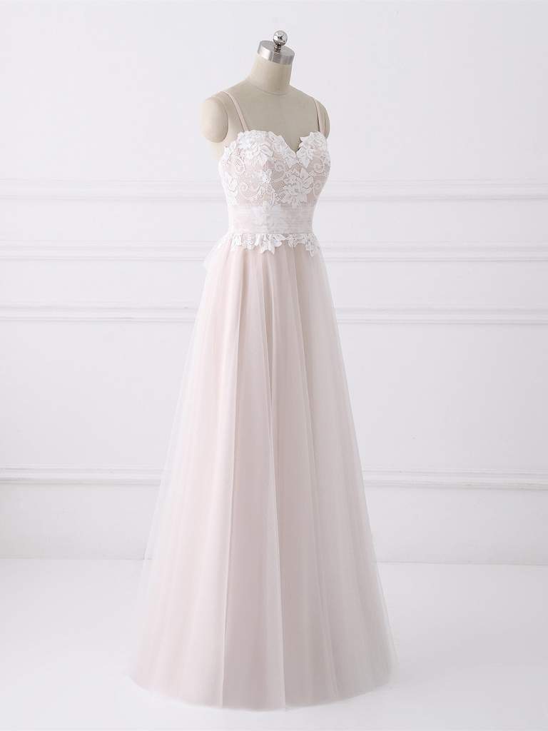 Spaghetti Long A-line Lace Tulle Simple Wedding Dresses