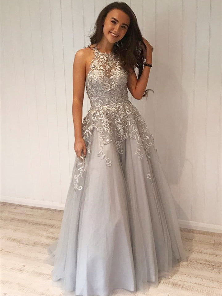 Halter Long A-line Lace Tulle Prom Dresses, 2021 Prom Dresses, Long Prom Dresses, 2021 Prom Dresses