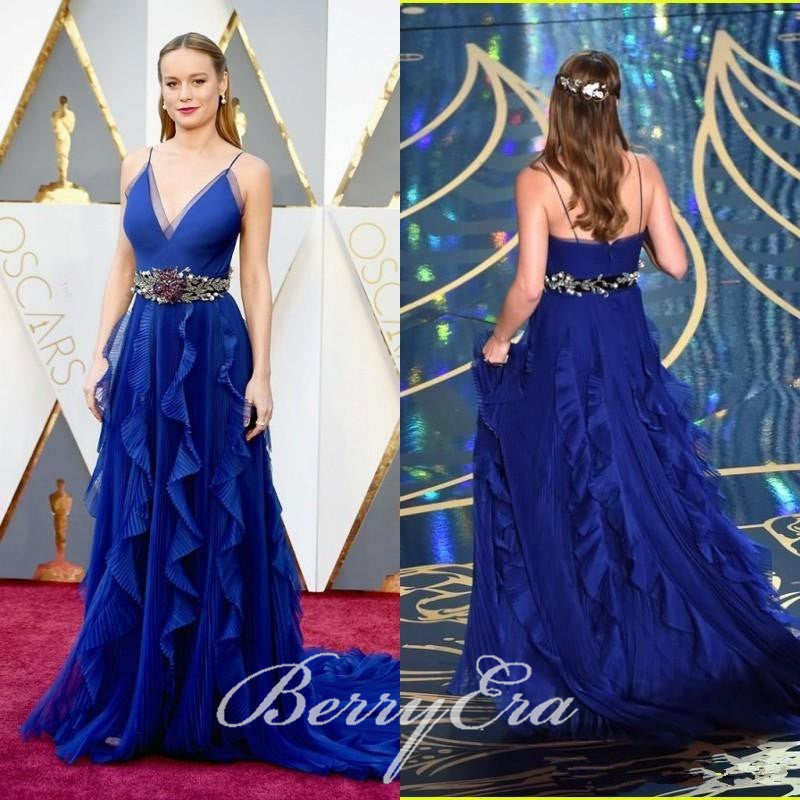 Brie Larson Navy Chiffon A-line Dresses, Popular Prom Dresses, Long Prom Dresses(No Belt)