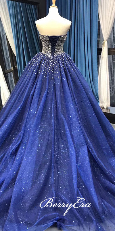Sweetheart Long A-linr Royal Blue Rhinestone Beaded Prom Dresses, Sparkle Sequin Lace Up Ball Gown, Long Prom Dresses