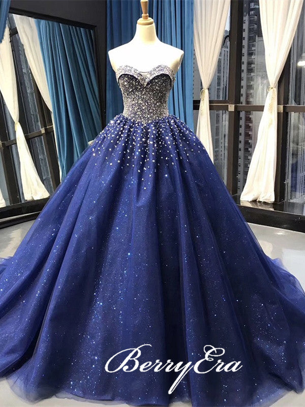 Sweetheart Long A-linr Royal Blue Rhinestone Beaded Prom Dresses, Sparkle Sequin Lace Up Ball Gown, Long Prom Dresses