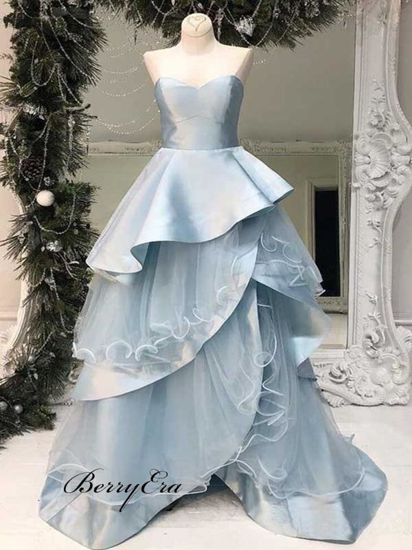 Fancy Fluffy Light Blue A-Line Long Prom Dresses Elegant Prom Dresses