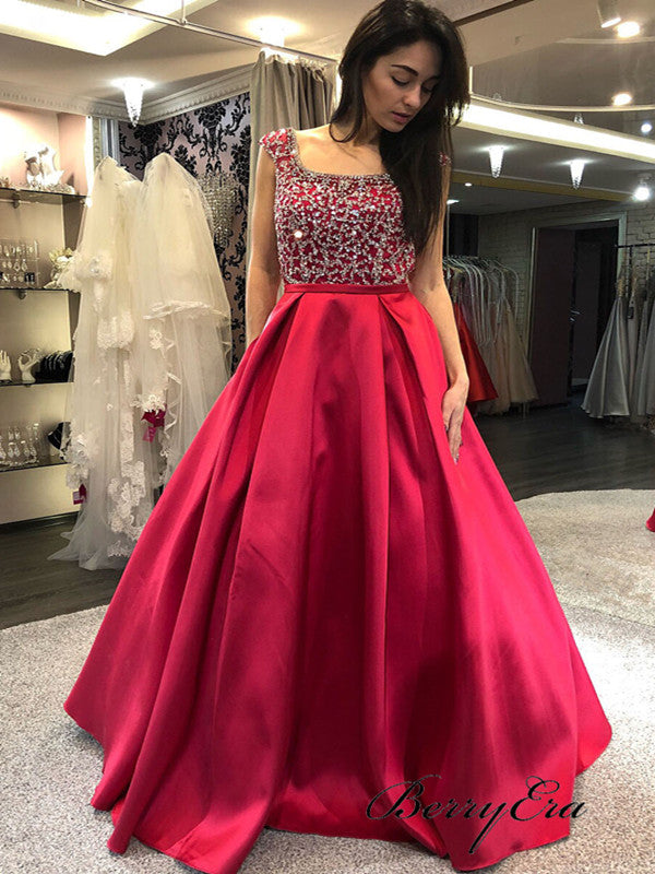 Beaded Satin Long A-line Prom Dresses, Popular Prom Dresses 2019