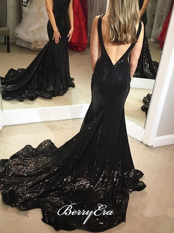 Black Sequins Newest Long Evening Party Prom Dresses, Formal Prom Dresses