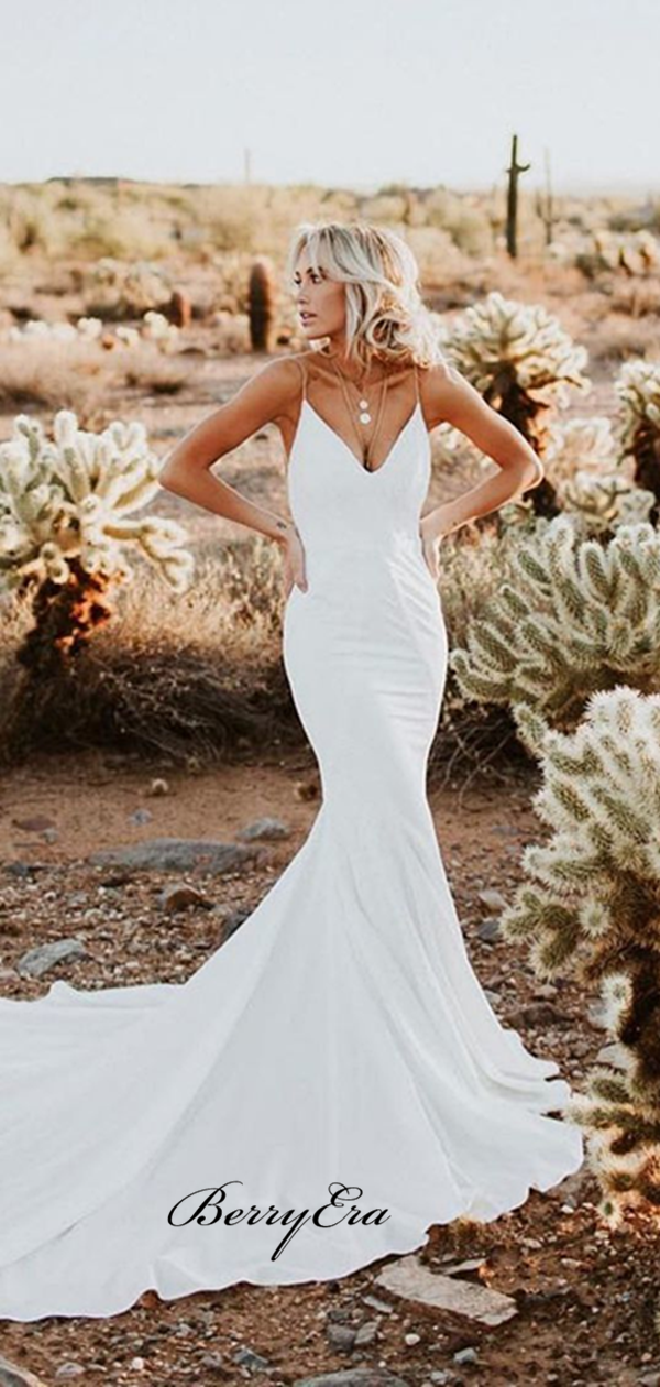 Spaghetti Straps Mermaid Wedding Dresses, Simple Custom Design Popular Wedding Dresses