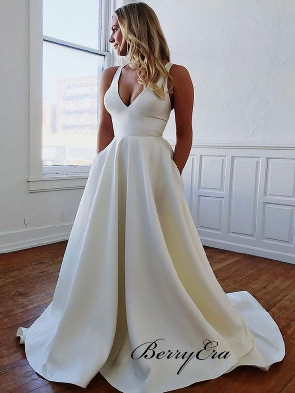 Fancy Satin V-neck Wedding Dresses, Custom Design Popular A-line Wedding Dresses