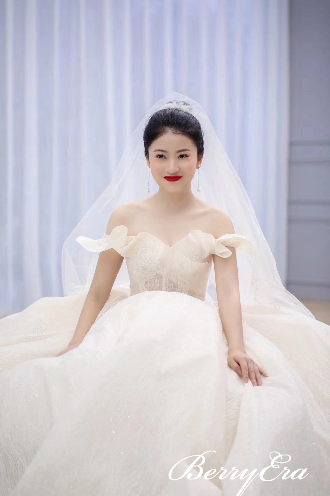 Off Shoulder Ivory Sequin Tulle Long A-line Wedding Dresses, Bridal Gown