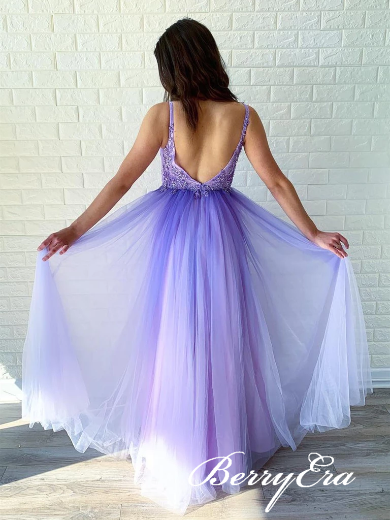 V-neck Purple Tulle Lace Appliques Prom Dresses, Gradient Prom Dresses, Affordable Prom Dresses