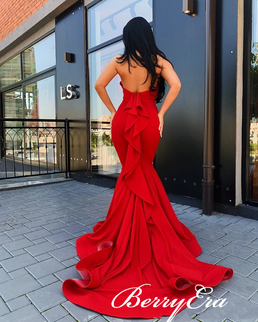 Red Long Mermaid Jersey Prom Dresses, Ruffled Long Prom Dresses, Popular Prom Dresses