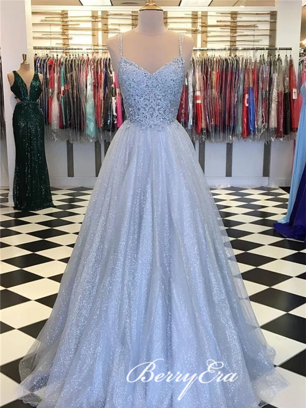 V-neck Lace Top Long A-line Sequin Tulle Prom Dresses, Grey Prom Dresses, 2020 Prom Dresses