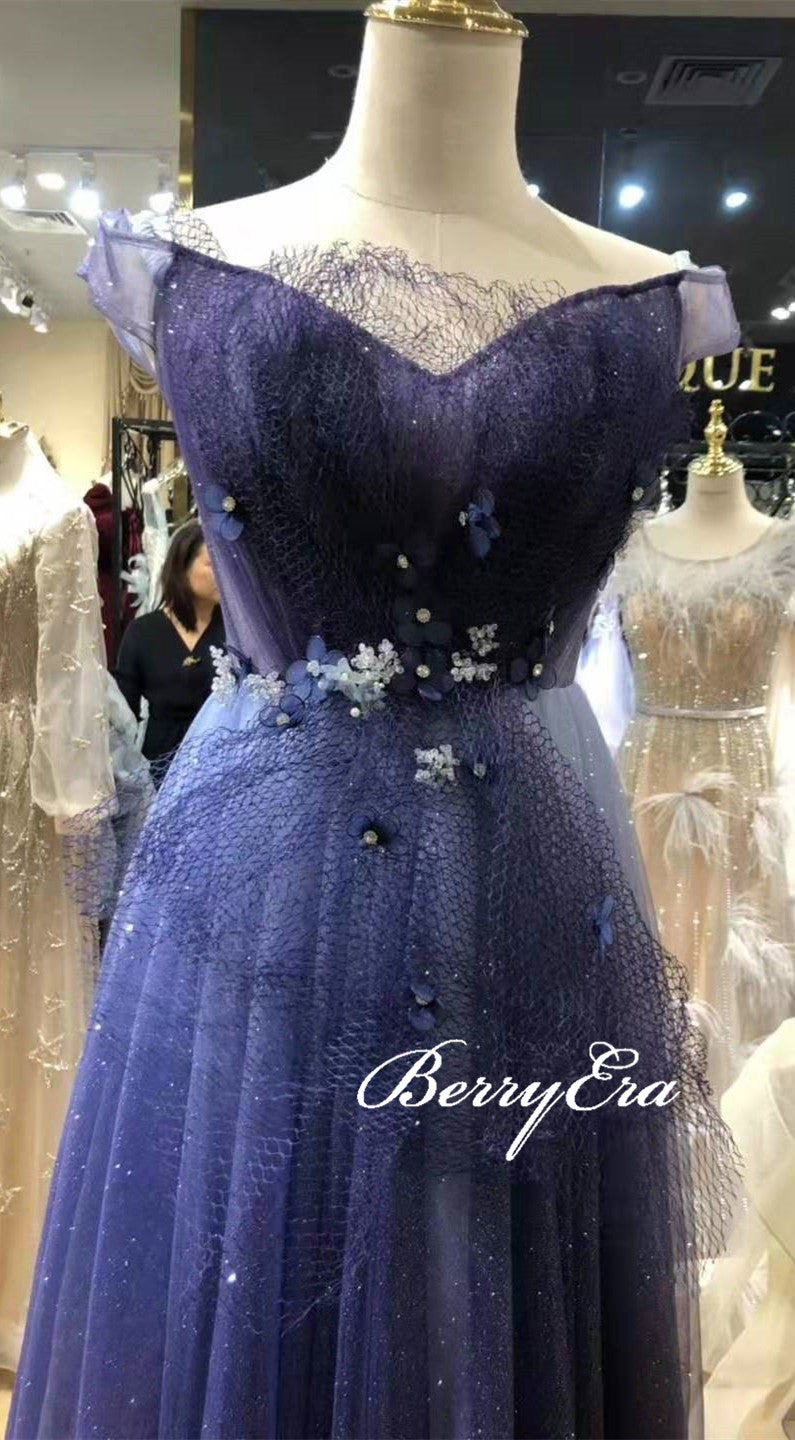 Off Shoulder Blue Sequin Gradient Tulle Prom Dresses, Shiny Prom Dresses, Appliques Prom Dresses