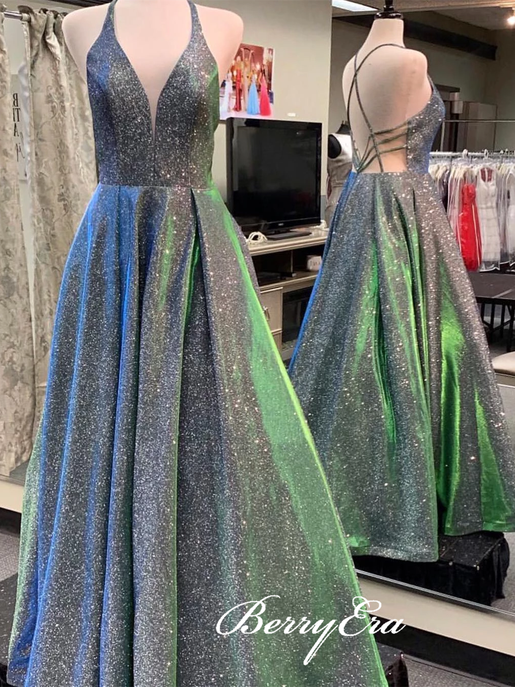 V-neck Long A-line Shemmering Fabric Prom Dresses, Chic Prom Dresses, 2020 Prom Dresses