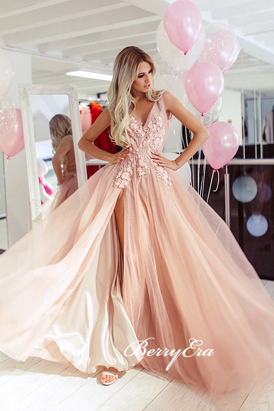 V-neck Long A-line Blush Tulle Lace Prom Dresses, Long Prom Dresses, 2020 Prom Dresses, Lace Prom Dresses
