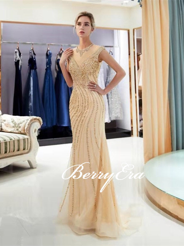 Luxury Champagne Gold Beaded Long Mermaid Sparkle 2020 Prom Dresses, New Arival Prom Dresses