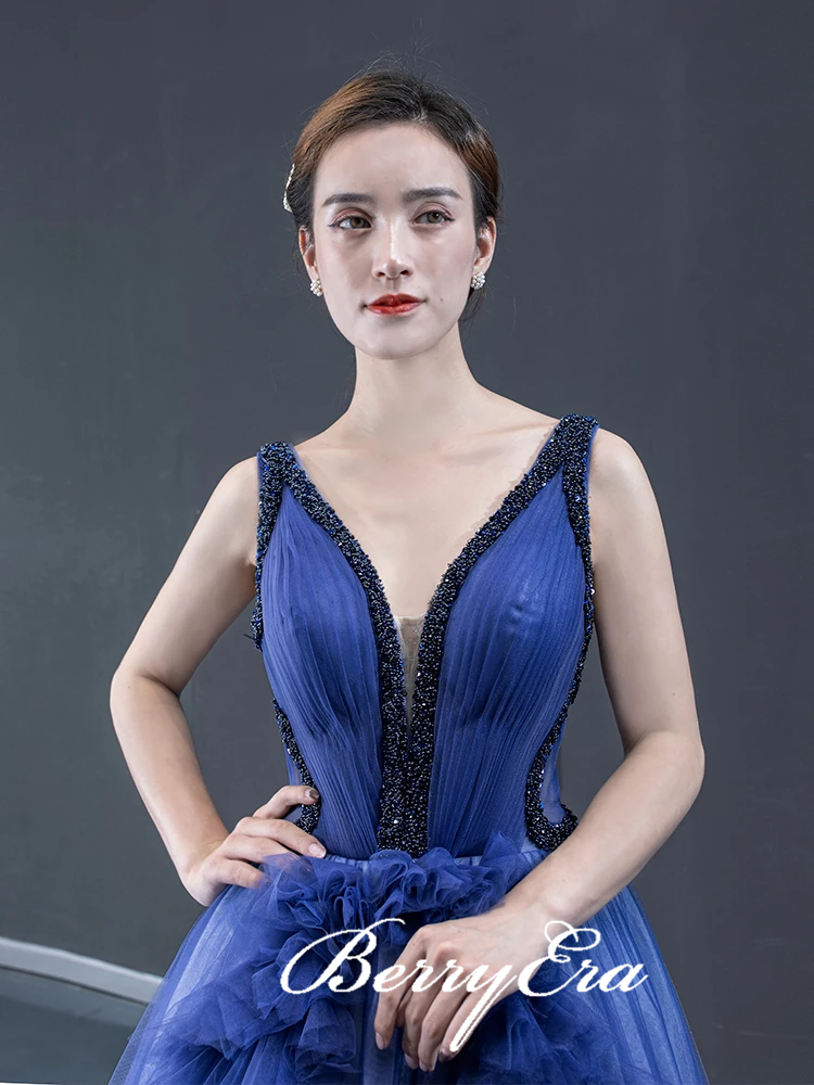 V-neck Long A-line Gradient Royal Blue Tulle Prom Dresses, Beaded Prom Dresses, 2020 Prom Dresses
