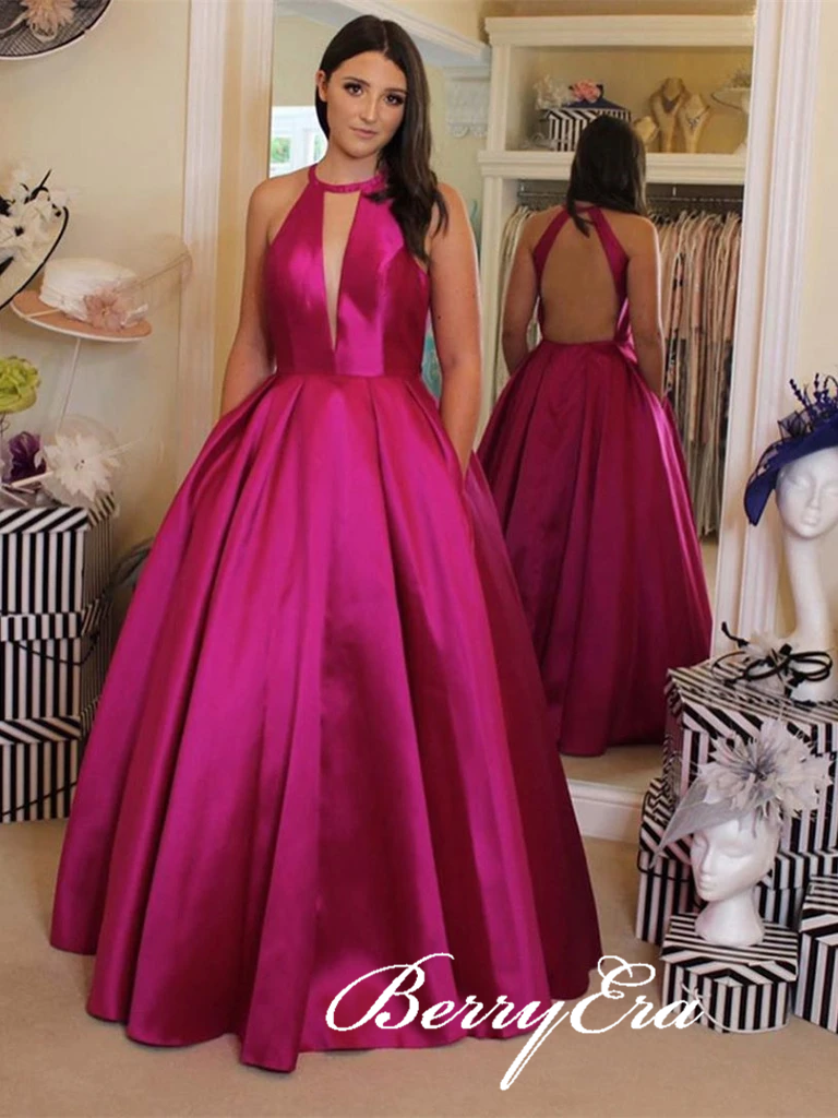 Hot Pink Long A-line Satin Prom Dresses, Open Back Long Prom Dresses, 2020 Prom Dresses With Pockets
