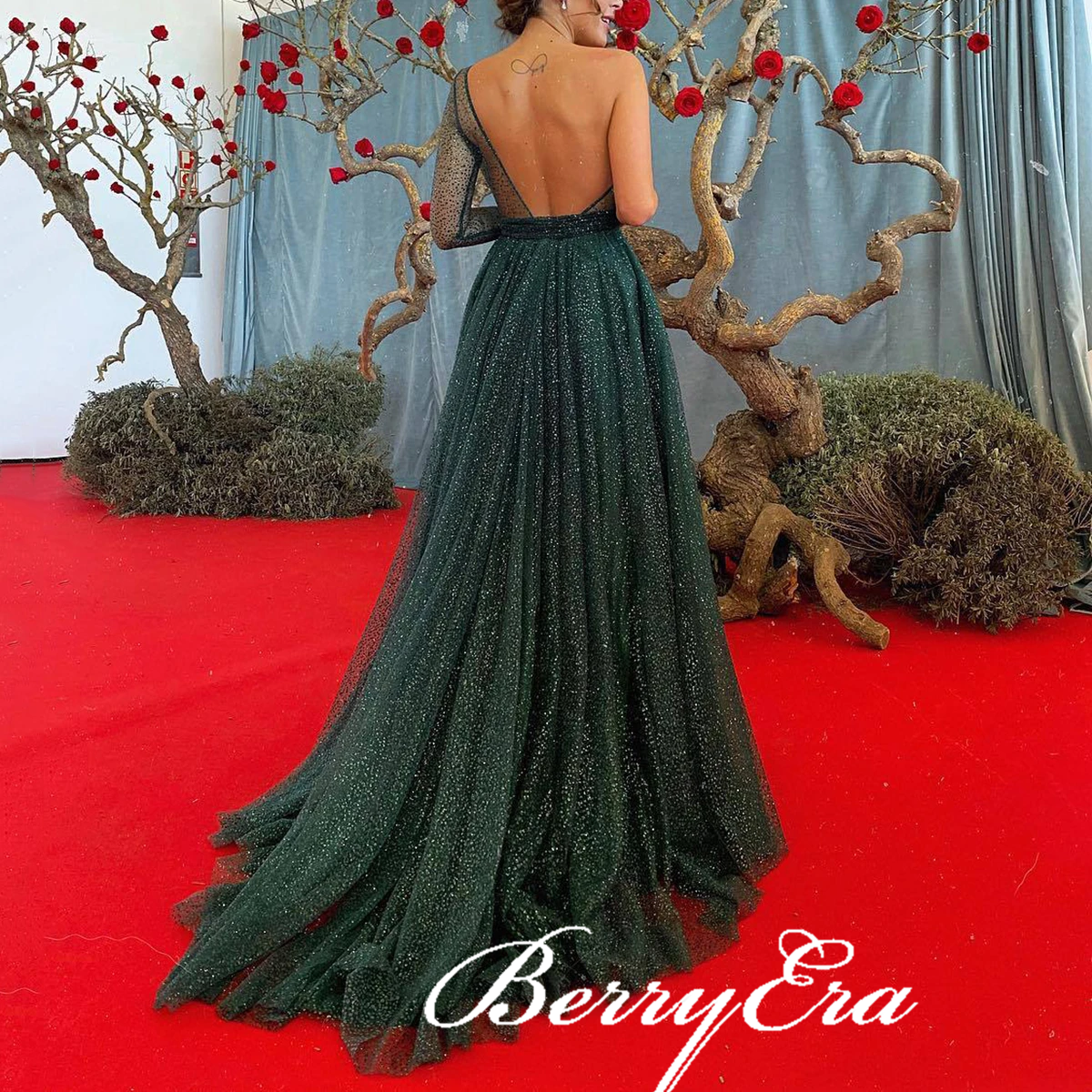 One Shoulder Long A-line Emerald Green Sequin Tulle Prom Dresses, Newest 2020 Prom Dresses