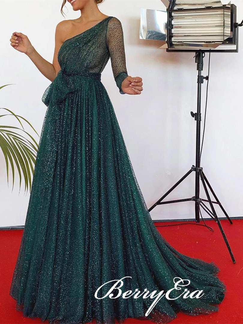 One Shoulder Long A-line Emerald Green Sequin Tulle Prom Dresses, Newest 2020 Prom Dresses