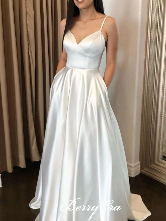 Straps Long A-line Light Ivory Satin Prom Dresses, Long Prom Dresses, Popular 2020 Prom Dresses