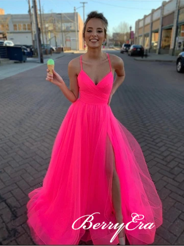 Spaghetti Long A-line Hot Pink Tulle Prom Dresses, High Slit Prom Dresses, Long Prom Dresses