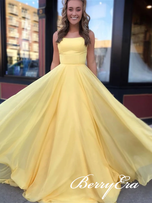 Yellow Chiffon Long A-line Prom Dresses, Long Prom Dresses, Simple Cheap Prom Dresses