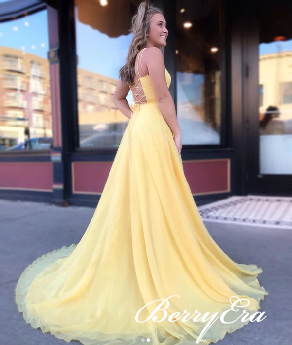 Yellow Chiffon Long A-line Prom Dresses, Long Prom Dresses, Simple Cheap Prom Dresses