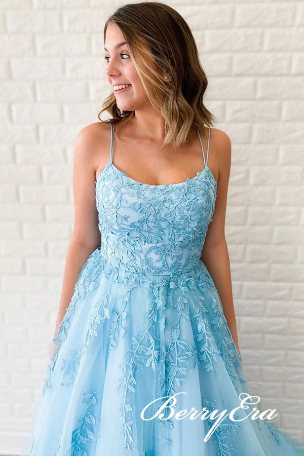 2021 Popular Blue Lace Prom Dresses, A-line Prom Dresses, Lace Prom Dresses