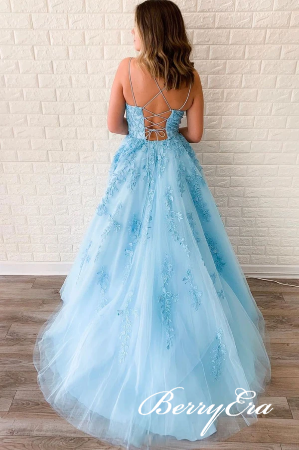 2021 Popular Blue Lace Prom Dresses, A-line Prom Dresses, Lace Prom Dresses