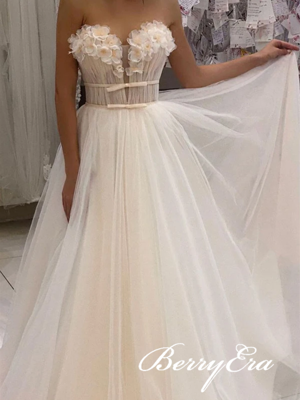 Sweetheart Long A-line Tulle Appliques Prom Dresses, Lovely Long Prom Dresses